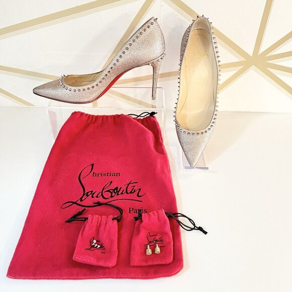 Christian Louboutin Anjalina 85 Rose Gold Glitter Spikes Stiletto Heel Pumps 37 - Picture 2 of 16